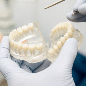 Gloved hands hold clear acrylic dental models: a full-arch upper jaw with teeth and a lower jaw with a partial dentition, while a dental probe is pointed toward the teeth.