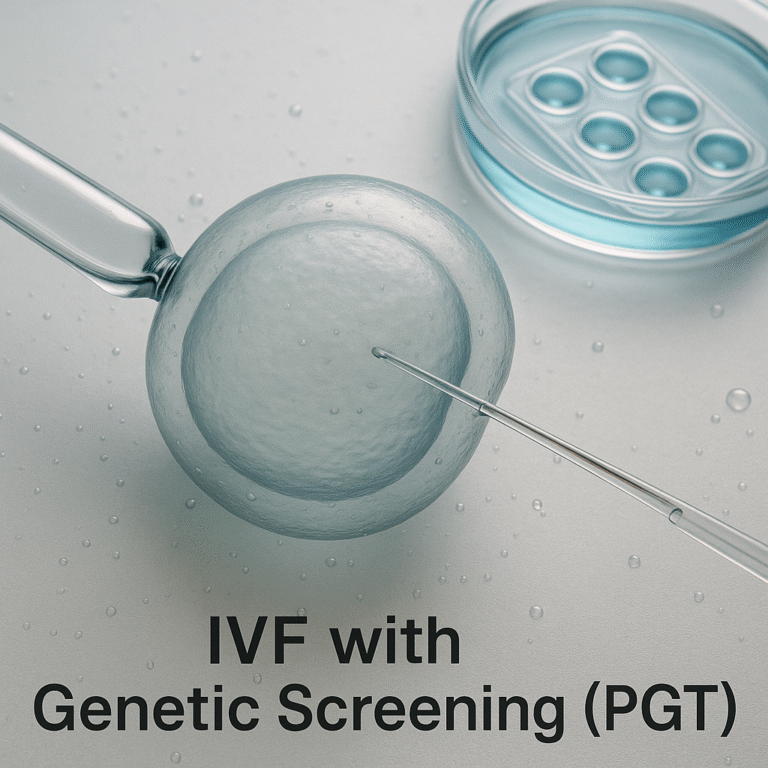 Close-up of a glass micropipette inserting into a round oocyte during IVF, with a blue-tinted dish and a multi-well plate visible in the background, and the caption "IVF with Genetic Screening (PGT)" at the bottom.