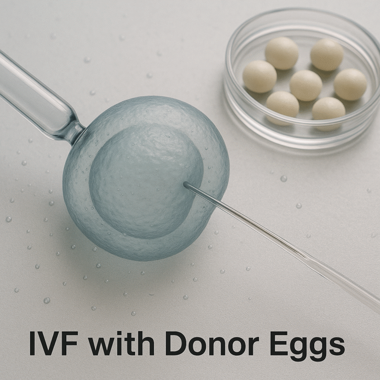 Close-up of a glass micropipette approaching a round donor egg in a laboratory setting, with a petri dish of donor eggs visible in the background.