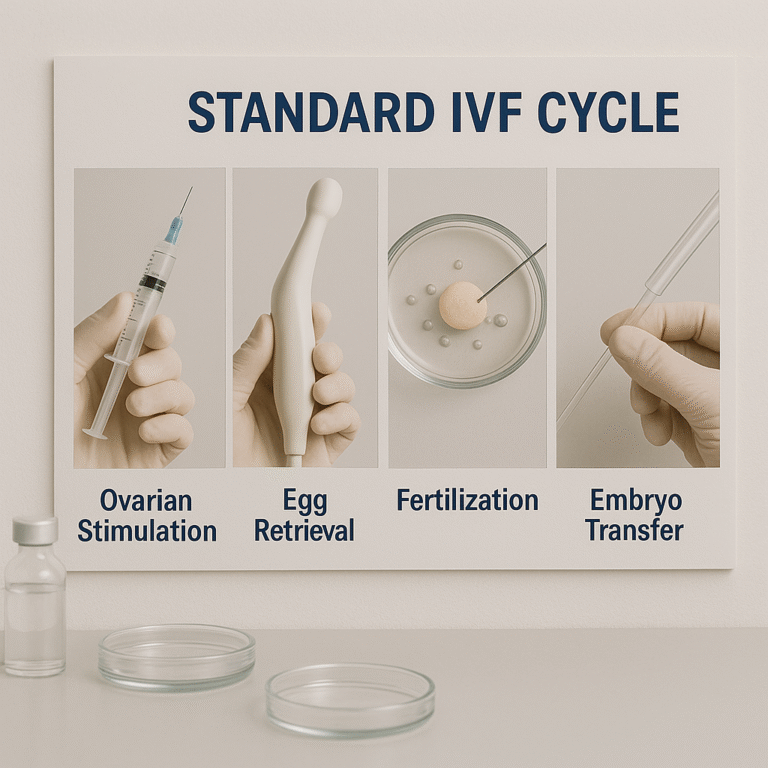 Poster titled STANDARD IVF CYCLE illustrating four stages—Ovarian Stimulation with a syringe, Egg Retrieval with a handheld instrument, Fertilization in a petri dish, and Embryo Transfer with a pipette.