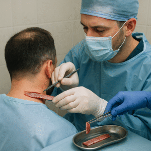 A surgeon in blue scrubs, a mask, and gloves harvests a strip of skin from the back of a patient’s neck with forceps, while a second graft rests on a stainless steel tray.