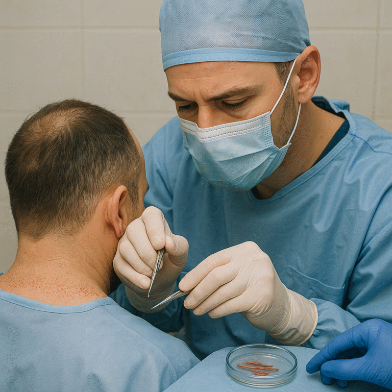 A surgeon in blue scrubs, a surgical cap, and a mask uses forceps on the back of a patient's neck during a minor procedure, with gloved staff nearby and a small dish of instruments on the sterile table.