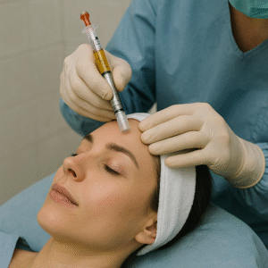 A clinician wearing gloves and teal scrubs administers a cosmetic forehead treatment to a relaxed patient lying with a white headband, using a handheld syringe-like device on the forehead.