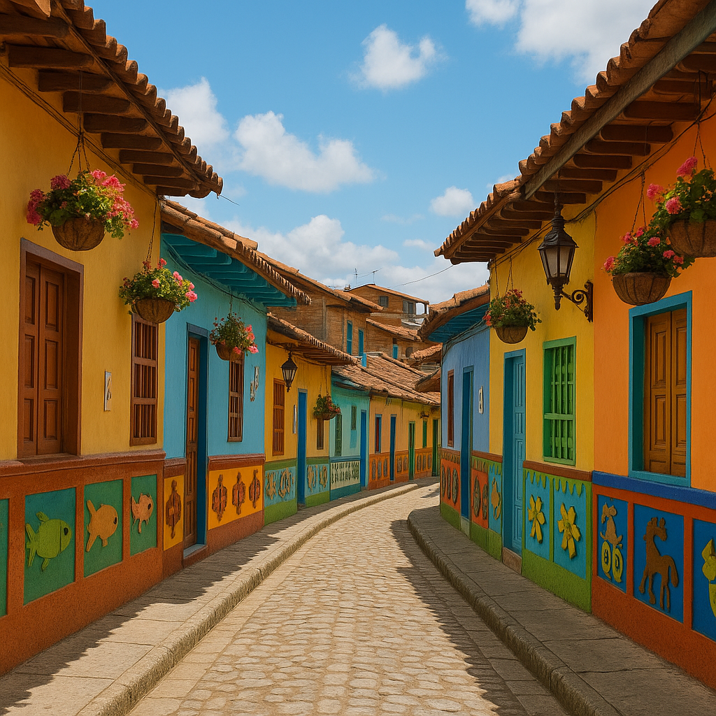 A narrow cobblestone street winds between brightly colored houses with yellow, blue, green, and orange facades; hanging flower baskets adorn the walls, decorative panels line the lower walls, and a wrought-iron lantern hangs from a building under a clear blue sky.