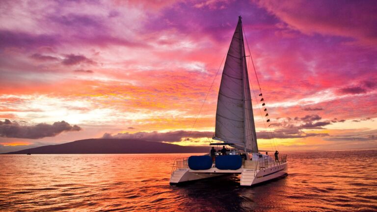 A white catamaran with a tall mainsail glides on calm water at sunset, its two hulls and blue fenders visible, under a vivid pink, purple, and orange sky with a distant landmass on the horizon and people on board.
